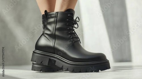 Black leather combat boots with a thick heel, showcased on a light gray surface to highlight their edgy, bold design. photo