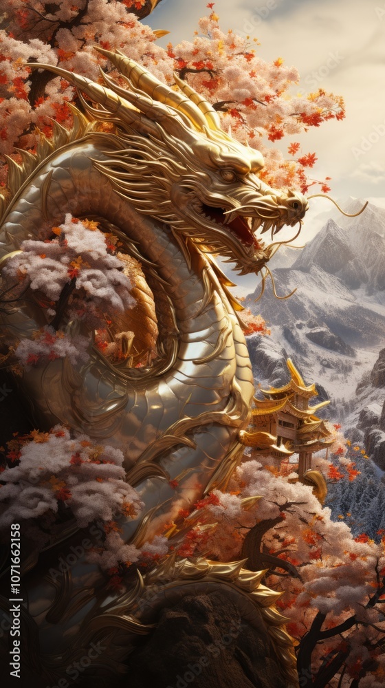 Obraz premium Majestic Gold Dragon Perched Tree with leaves. Generative AI.