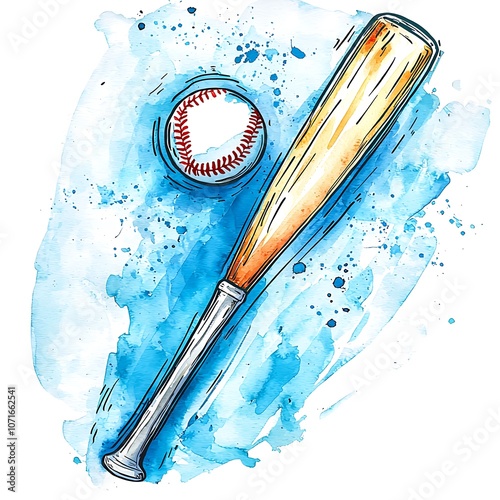 Watercolor illustration of a baseball bat and ball. photo