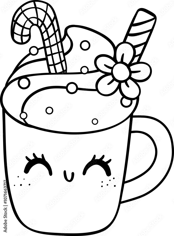 Obraz premium Cute Hot Chocolate Cup with Toppings coloring image