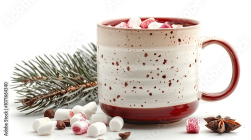 Christmas mug with hot cocoa and marshmallows, isolated on white photo