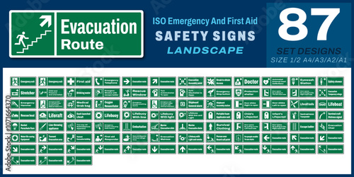 87 set iso emergency and first aid safety signs v86_landscape size 1/2 a4,a3,a2,a1
