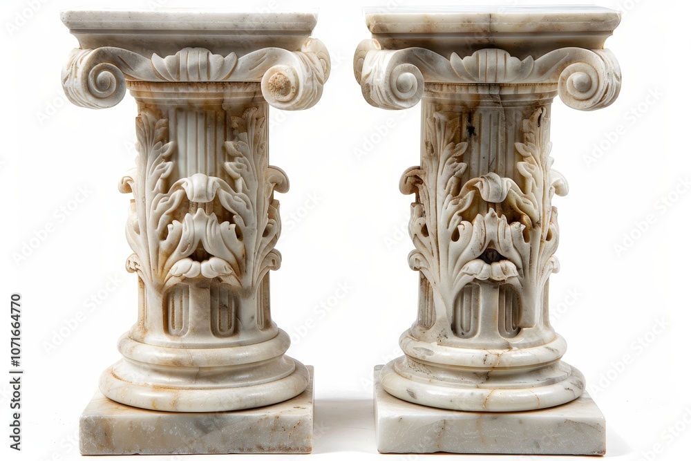 Fototapeta premium Two ornate marble columns featuring intricate carvings and classical design elements.