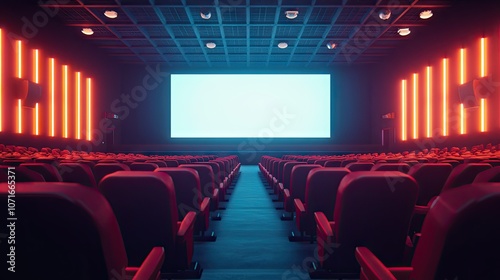 Wallpaper Mural Empty cinema hall interior featuring rows of red seats and dim, ambient lighting central aisle visible, leading up to a large blank screen Torontodigital.ca