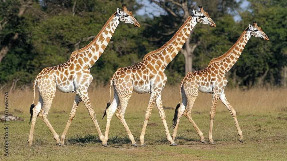 Obraz premium Family of giraffes walking together across the plains, their long necks and legs moving in graceful unity.