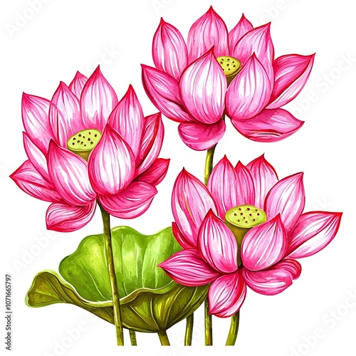 Three Pink Lotus Flowers with Green Leaf Isolated on White Background.