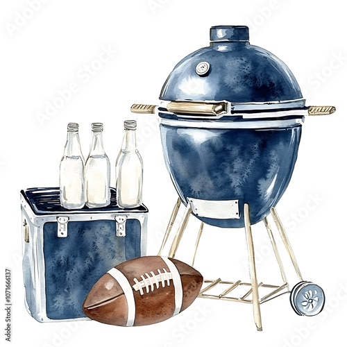 Watercolor illustration of a BBQ grill, bottles of beer, and a football.