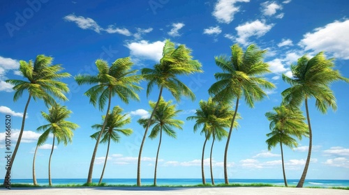 Group of palm trees bending in the wind on a sunny tropical day, with blue sky and scattered clouds in the background