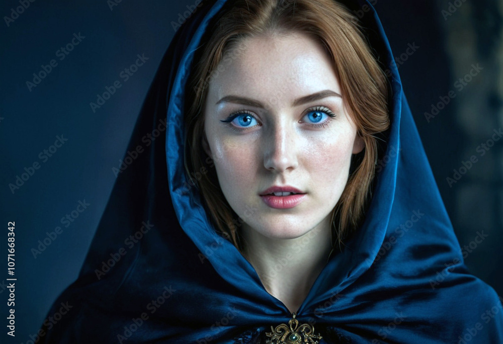 Naklejka premium captivating portrait of a woman with piercing blue eyes and a medieval hood, evoking mystery and elegance—ideal for fantasy and storytelling projects.