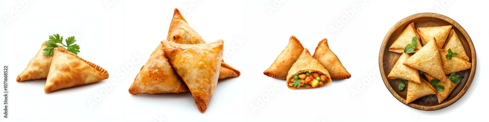 Crispy samosas styled on white background, showcasing a delicious variety for any meal or snack time. Crispy samosas styled on white background, showcasing a delicious variety for any meal or snack time.