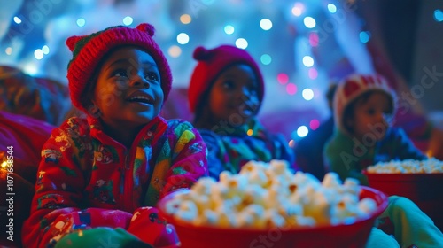 Little girl in pink shirt eagerly watching TV, sitting crosslegged with large bowl of popcorn on cozy living room carpet.