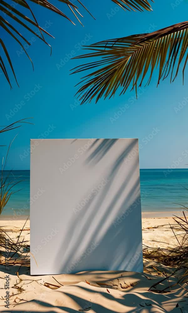 Blank White Sign on Tropical Beach Sand, Ideal for Summer Vacation Advertising Concept, Copy Space Ad Design