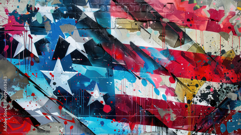 Fototapeta premium Vibrant mural featuring abstract stars and stripes in red, white, and blue, showcasing artistic expression and patriotism. colorful design captures attention and evokes emotion