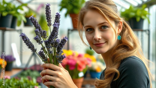 A woman holds a bouquet of lavender in a greenhouse