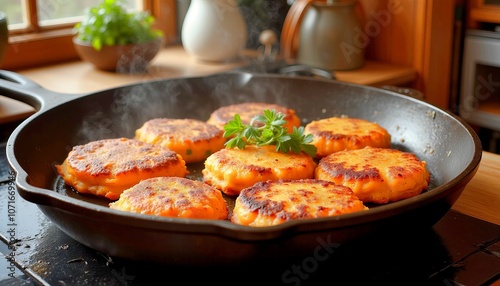 Golden crispy potato pancakes sizzling in a skillet, garnished with fresh herbs in a cozy kitchen photo