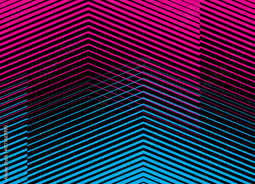 Tricolor striped vector background of blue and pink broken lines on a black background. Modern, futuristic pattern. Neon. Laser. Background for covers, packaging, advertising.