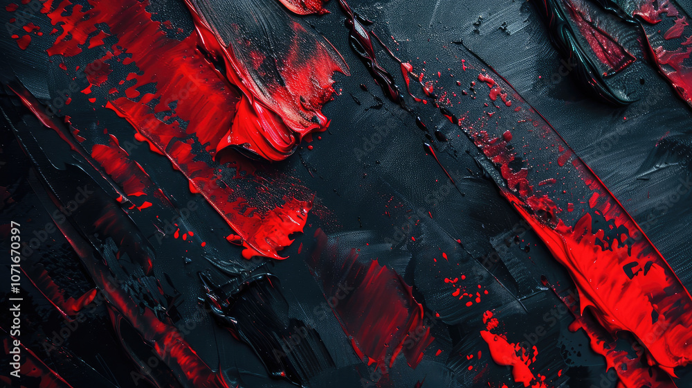 Naklejka premium Abstract painting with bold red and black textures, showcasing dynamic brush strokes and vibrant colors that evoke strong emotions