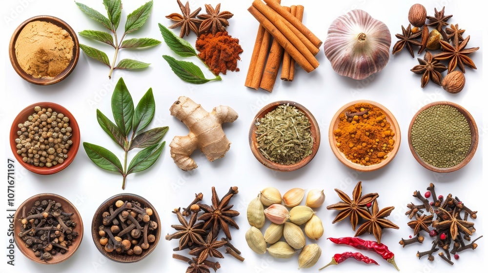 An array of diverse spices and herbs displayed on a white background showcasing vibrant colors and unique textures, highlighting their culinary potential for various recipes