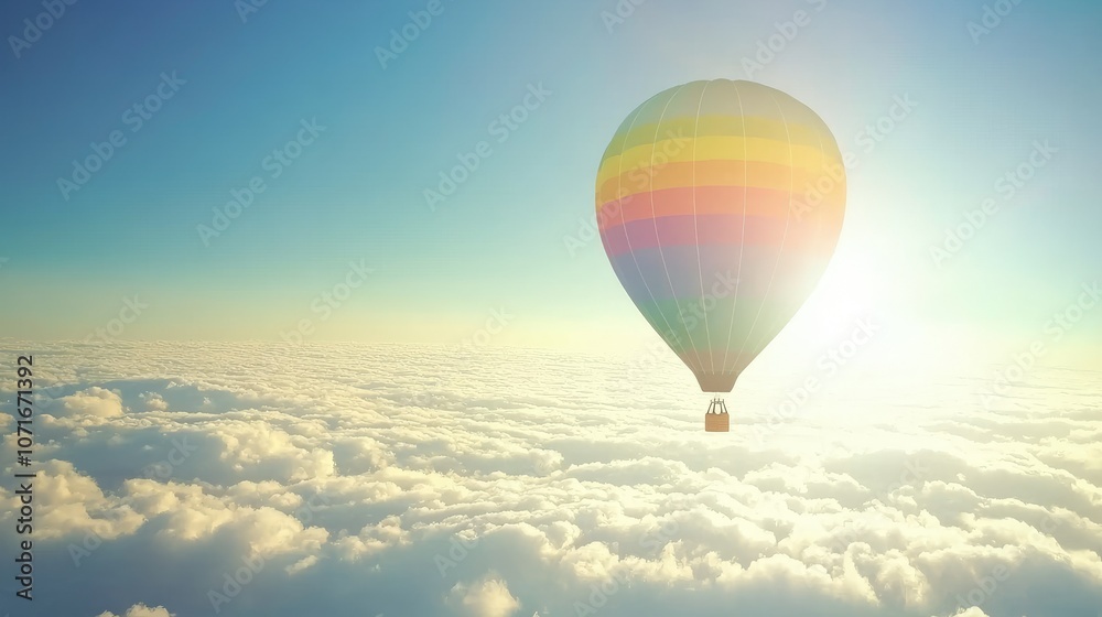 Naklejka premium Rainbow-patterned hot air balloon flying high against a serene blue sky, symbolizing adventure and freedom