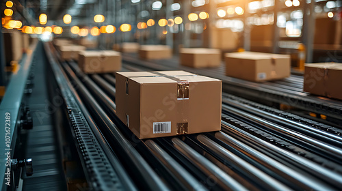 Automated sorting systems efficiently handle packages on conveyor belts, showcasing modern logistics. warm lighting adds dynamic feel to warehouse environment