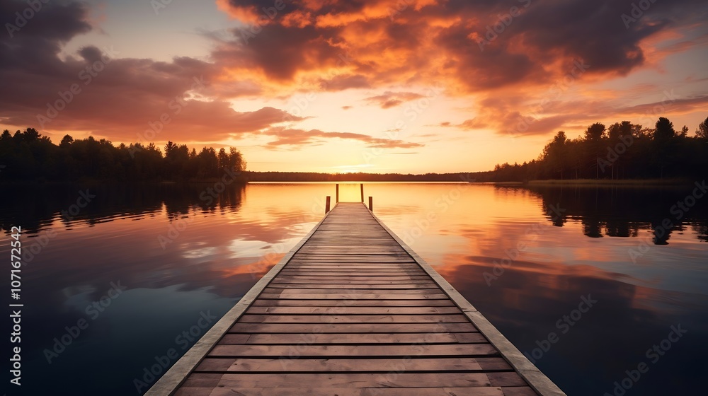 Fototapeta premium Perspective view of a wooden pier on the pond at sunset with perfectly specular reflection : Generative AI