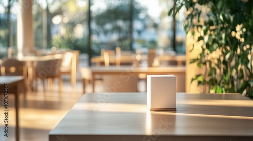 Sleek, empty tabletop display set in a softly blurred café, inviting interest with its clean lines and minimalist design, ready for any informal gathering or promotion 