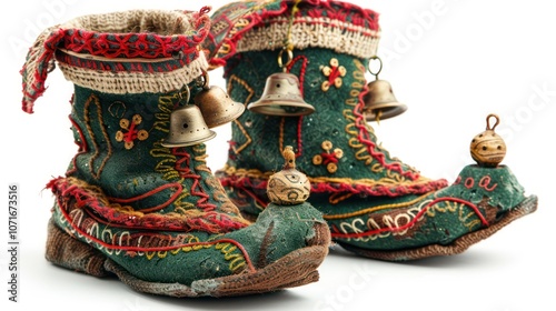 Festive elf boots with bells, isolated on white photo