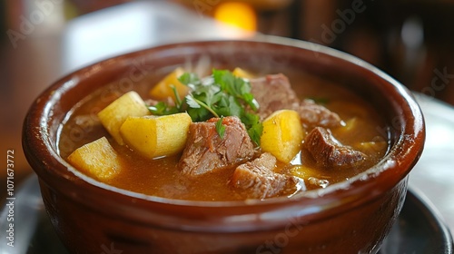 Delicious Dominican sancocho soup with meats vegetables and yucca served hot in a ceramic bowl showing the warmth of Dominican heritage