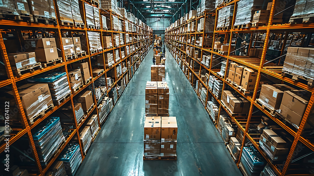 Fototapeta premium Efficient warehouse storage with organized shelves filled with boxes, showcasing streamlined fulfillment process