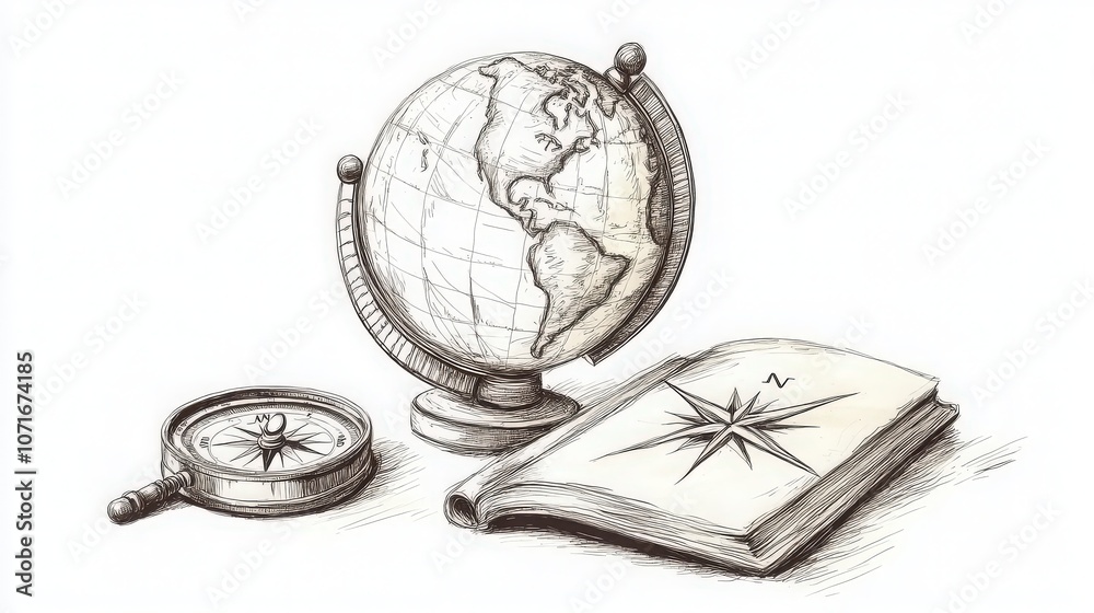 Hand-drawn sketch style illustration of a globe with a compass and notebook, black and white line art, symbolizing exploration and discovery with refined elegance Hand-drawn sketch style illustration of a globe with a compass and notebook, black and white line art, symbolizing exploration and discovery with refined elegance