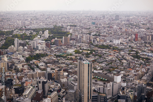 Aerial view of Tokyo's sprawling urban landscape with high-rise buildings, dense neighborhoods, and patches of green spaces