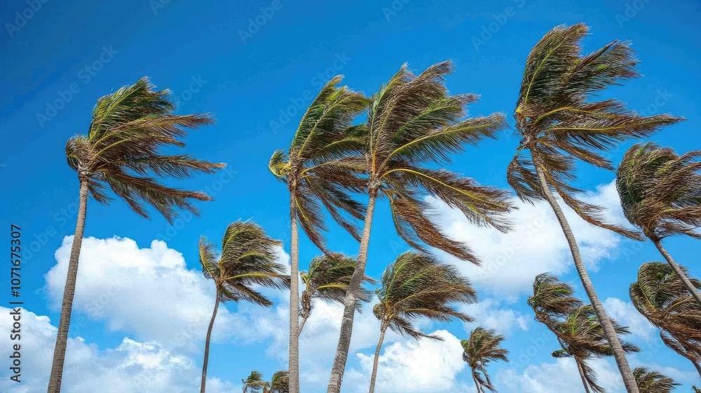 Obraz premium Windy tropical day with palm trees bending slightly in the strong breeze, under a sunny sky with a few clouds