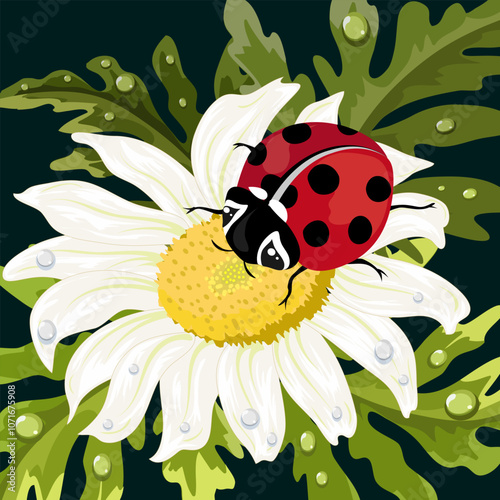 Ladybug on white chamomile.Vector illustration with a ladybug on a camomile on a colored background.