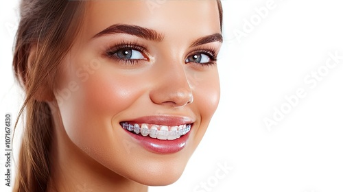 Young woman smiling with clear braces in her hand, showing her excitement for a new journey toward straighter teeth. photo