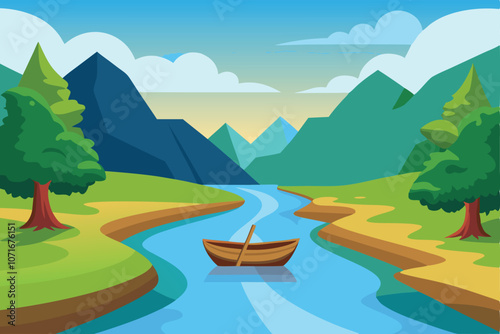 River in natural environment with an empty boat vector