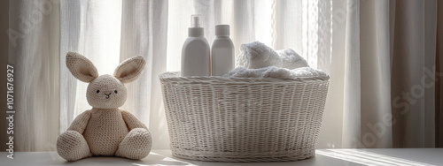 cleaning or washing products for children, laundry basket and rabbit in white and beige colors. Eco-friendly detergent, sensitive and responsible care. banner  photo