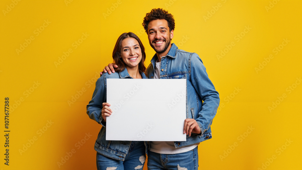 Cheerful Couple Presenting Black Friday Offer: Vibrant Denim Fashion for E-commerce Promotions Cheerful Couple Presenting Black Friday Offer: Vibrant Denim Fashion for E-commerce Promotions