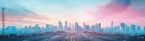 Crumbling cityscape postearthquake, with cracked roads and shattered buildings, surrounded by smoky skies in delicate watercolor tones photo