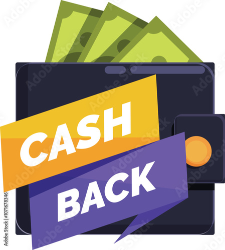 Wallet with cash back message and banknotes showing money refunding and savings concept