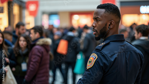 African American Security Officer Manages Black Friday Crowd in Mall: Ideal for Retail Security Marketing photo