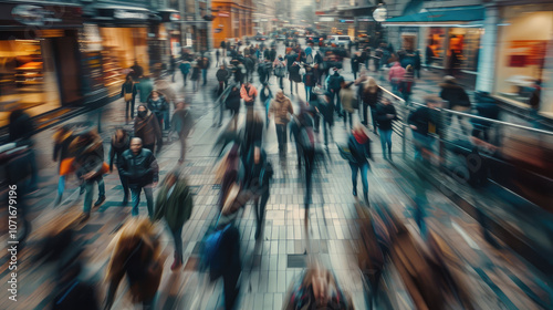 bustling city street filled with blurred pedestrians, showcasing urban life and movement. scene captures energy and diversity of busy shopping area