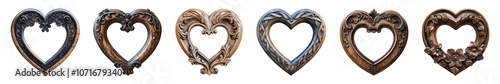 Ornate heart-shaped wooden frame isolated on a transparent or white background, cut out, PNG
