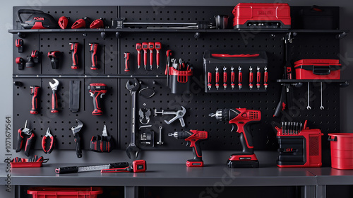 well organized tool wall featuring various red and black tools, including drills, wrenches, and screwdrivers, ideal for DIY enthusiasts and professionals