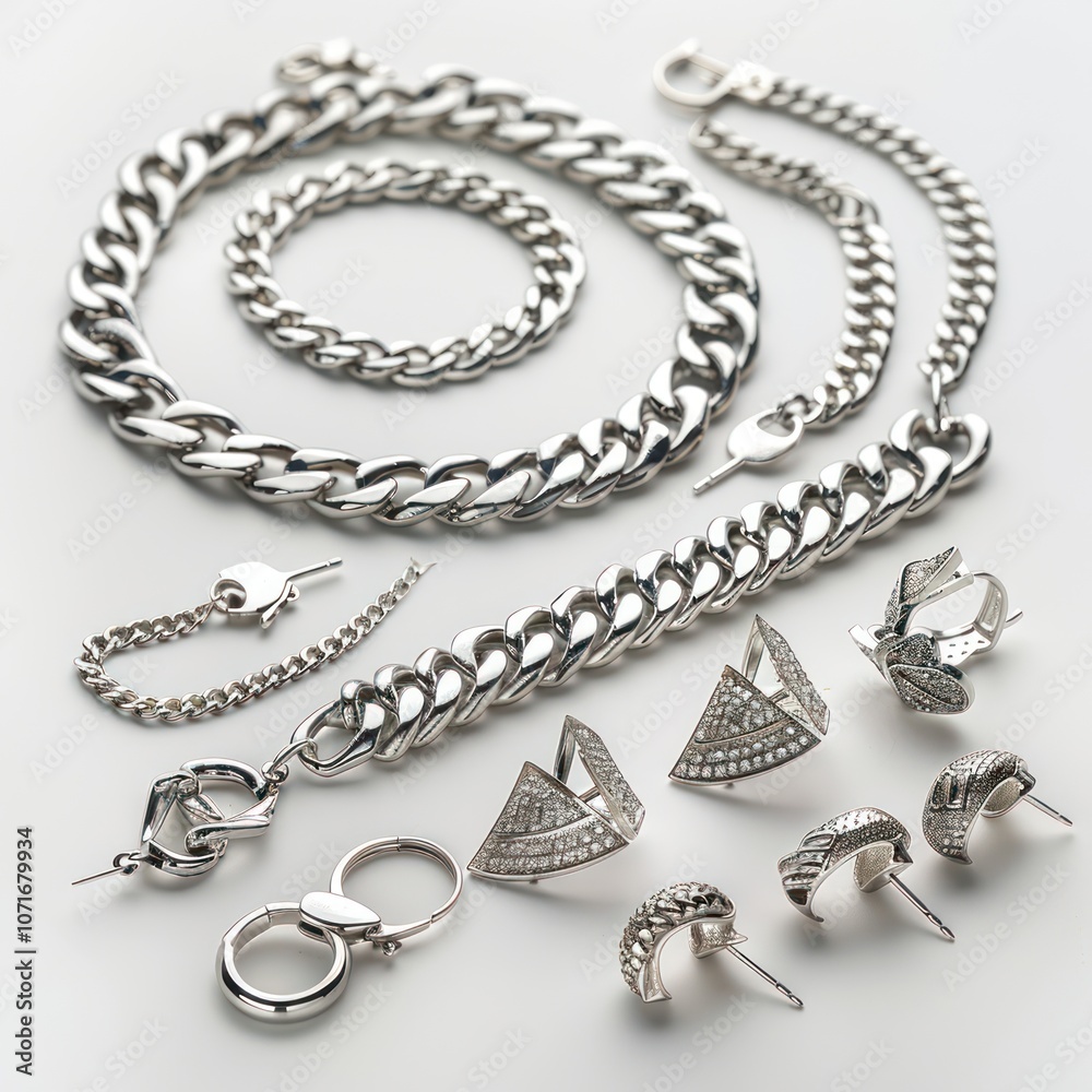 Obraz premium Polished silver jewelry pieces isolated on white background, earrings and chains displayed cleanly