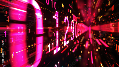 Digital numbers in vibrant pink and orange colors create dynamic visual effect, representing technology and data flow. image conveys sense of speed and innovation