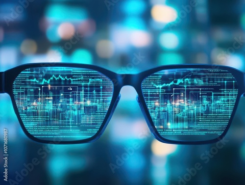 Digital mortgage agreement displayed in augmented reality glasses, closeup view, techinfused background, blue and green tones, scifi finance style photo