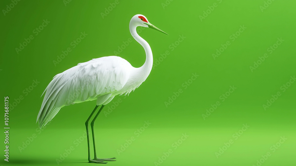 Fototapeta premium Elegant White Crane Stands Gracefully Against Vibrant Green Background Showcasing Its Unique Features and Poised Stance in Nature Photography