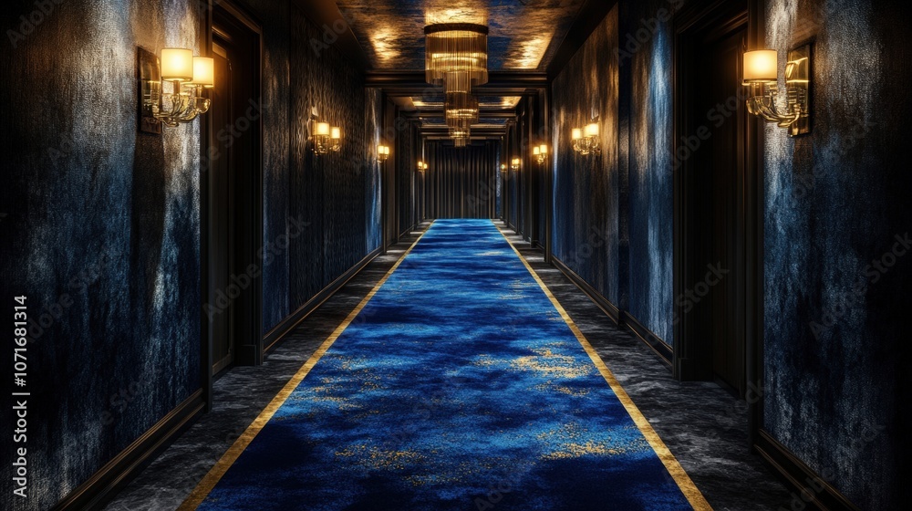 Fototapeta premium Luxurious hotel hallway featuring a rich blue carpet that runs the length of the corridor, illuminated by elegant gold lighting, creating an atmosphere of sophistication and comfort