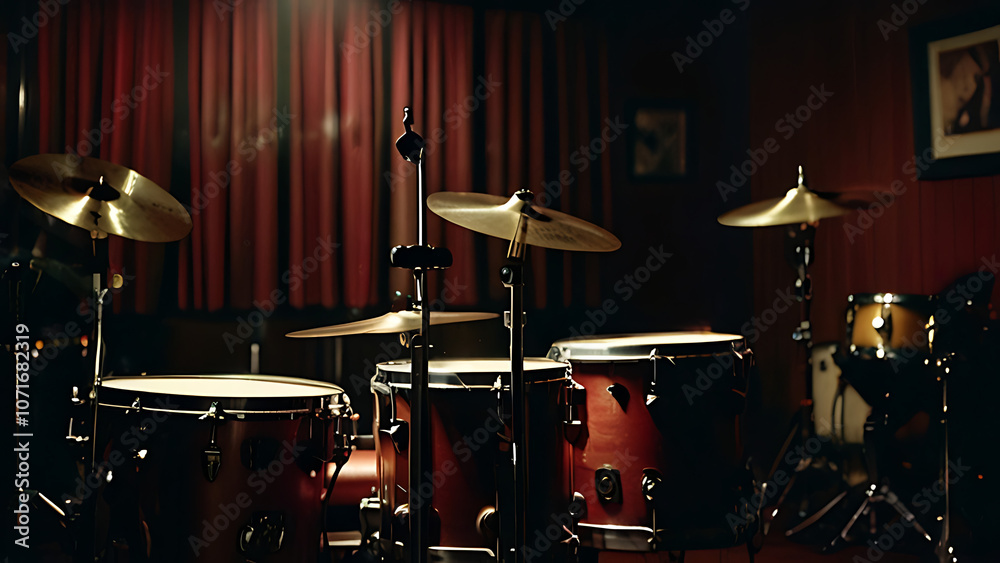 Fototapeta premium A drum set is positioned right in front of a microphone in a dark room 