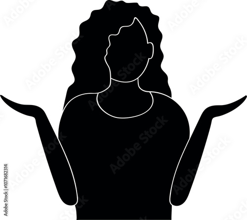  Confused Woman with Curly Hair, Black Silhouette Vector Illustration